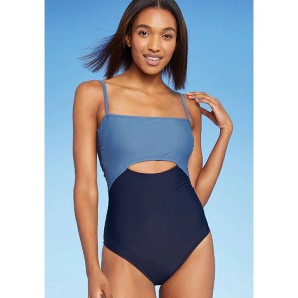 Kona Sol Two-Tone Blue Color Block 1-piece Womens XL Criss Cross Back Swimsuit - Picture 2 of 9